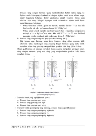 3 | P O N D A S I D R I V E N P I L E
Pondasi tiang dengan tumpuan ujung mendistribusikan beban melalui ujung ke
lapisan tanah keras.yang dimaksudkan dengan lapisan tanah keras adalah sangat
relatif tergantung beberapa faktor diantaranya adalah besarnya beban yang
diterima oleh tiang. Sebagai pegangan untuk menentukan lapisan tanah keras
dapat digunakan ketentuan :
- Untuk tanah non kohesif ( pasir dan kerikil ) memiliki nilai SPT > 35 atau dari
hasil sondir bila nilai perlawanan konus S ≥ 150 kg/ 𝑐𝑚2
- Untuk tanah kohesif memiliki nilai kuat tekan bebas ( unconfined compression
strength ) 3 – 4 kg/ 𝑐𝑚2
atau kira - kira nilai SPT > 15 – 20 atau dari hasil
pengujian sondir mendapat nilai perlawanan konus S I 70 kg/ 𝑐𝑚2
.
b. Pondasi tiang dengan tumpuan geser ( friction bearing pile ).
Bila lapisan yang dianggap tanah keras letaknya cukup dalam sehingga tidak
ekonomis untuk membangun tiang pancang dengan tumpuan ujung, maka untuk
menahan beban tiang pancang mengandalkan gesekan kulit tiang (skin friction).
Dalam pelaksanaan di lapangan seringkali tiang pancang merupakan gabungan antara
tiang dengan tumpuan ujung dan tiang yang mengandalkan gesekan kulit dalam
menahan beban.
3. Menurut bahan yang dipergunakan yaitu :
a. Pondasi tiang pancang dari kayu.
b. Pondasi tiang pancang dari baja.
c. Pondasi tiang pancang dari beton.
4. Menurut bentuk penampang tiang pancang, pondasi tiang dapat dibedakan :
a. Pondasi tiang dengan penampang segiempat.
b. Pondasi tiang dengan penampang H.
c. Pondasi tiang dengan penampang lingkaran.
 