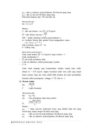 8 | P O N D A S I D R I V E N P I L E
𝑞 𝑐2 = nilai 𝑞 𝑐 minimum pada kedalaman 4D di bawah ujung tiang.
𝑞 𝑐3 = nilai 𝑞 𝑐 rata-rata 8D diatas ujung tiang.
Pada tanah lempung Qp ± 10% dari nilai Qu
Menentukan Qs :
Qs = f x L x P
Dimana :
f = nilai unit lekatan = m x 𝑓𝑠̅̅̅ ≤ 0.75 kg/cm²
𝑓𝑠̅̅̅ = nilai lekatan rata-rata =
𝐽𝐻𝑃
𝐿
JHP = Jumlah Hambatan Pelekat pada kedalaman L
m = koefisien lekatan, lihat gambar D atau menggunakan rumus :
= 10 – 9.5 (1 - 𝑒−9 · 𝑓𝑠̅̅̅
)
Nilai m berkisar antara 0.5 – 10.
P = keliling tiang
Batas-batas untuk harga f :
Untuk tanah lembek (𝑓𝑠̅̅̅ < 0.3 kg/cm²), harga m harus > 1
Untuk mendapatkan f :
- 𝑓𝑠̅̅̅, alat sondir permukaan halus
- f, pile test dilakukan setelah pemancangan pondasi
- f > fs.
Untuk tanah lempung yang konsistensinya medium sampai kaku (stiff),
dimana fs > 0.30 kg/cm², tingkat kerusakan tanah serta celah yang terjadi
antara pondasi tiang dan tanah adalah lebih dominan dari pada penambahan
kekuatan akibat pemampatan, sehingga f < 𝑓𝑠̅̅̅. Jadi m < 1.
5) Metode Andina
Qu =
Qp+Qs
F
F = angka keamanan
Menentukan Qp :
Qp = qc x AP
Ap = luas penampang ujung tiang pondasi
qc =
qc0(
qc1−qc2
2
)
2
Dimana :
qc0 = harga rata-rata perlawanan konus yang diambil mulai dari ujung
bawah tiang sampai dengan 8D diatas dasar tiang
qc1 = nilai qc rata-rata pada kedalaman 4D dibawah ujung tiang
qc1 = nilai qc minimum pada kedalaman 4D dibawah ujung tiang
 