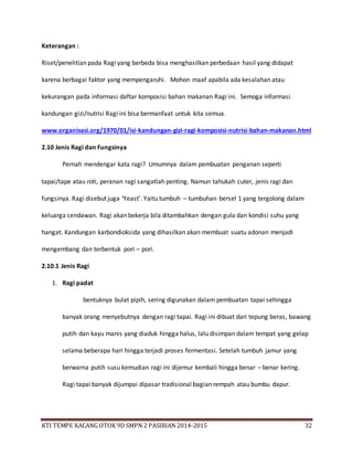 KTI TEMPE KACANG OTOK 9D SMPN 2 PASIRIAN 2014-2015 32
Keterangan :
Riset/penelitian pada Ragi yang berbeda bisa menghasilkan perbedaan hasil yang didapat
karena berbagai faktor yang mempengaruhi. Mohon maaf apabila ada kesalahan atau
kekurangan pada informasi daftar komposisi bahan makanan Ragi ini. Semoga informasi
kandungan gizi/nutrisi Ragi ini bisa bermanfaat untuk kita semua.
www.organisasi.org/1970/01/isi-kandungan-gizi-ragi-komposisi-nutrisi-bahan-makanan.html
2.10 Jenis Ragi dan Fungsinya
Pernah mendengar kata ragi? Umumnya dalam pembuatan penganan seperti
tapai/tape atau roti, peranan ragi sangatlah penting. Namun tahukah cuter, jenis ragi dan
fungsinya. Ragi disebut juga ‘Yeast’. Yaitu tumbuh – tumbuhan bersel 1 yang tergolong dalam
keluarga cendawan. Ragi akan bekerja bila ditambahkan dengan gula dan kondisi suhu yang
hangat. Kandungan karbondioksida yang dihasilkan akan membuat suatu adonan menjadi
mengembang dan terbentuk pori – pori.
2.10.1 Jenis Ragi
1. Ragi padat
bentuknya bulat pipih, sering digunakan dalam pembuatan tapai sehingga
banyak orang menyebutnya dengan ragi tapai. Ragi ini dibuat dari tepung beras, bawang
putih dan kayu manis yang diaduk hingga halus, lalu disimpan dalam tempat yang gelap
selama beberapa hari hingga terjadi proses fermentasi. Setelah tumbuh jamur yang
berwarna putih susu kemudian ragi ini dijemur kembali hingga benar – benar kering.
Ragi tapai banyak dijumpai dipasar tradisional bagian rempah atau bumbu dapur.
 