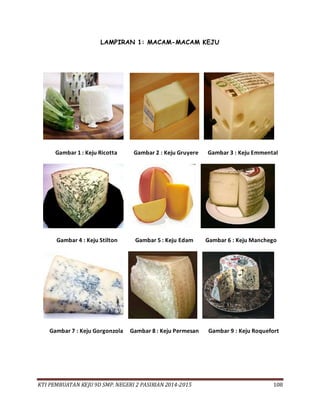 KTI PEMBUATAN KEJU 9D SMP. NEGERI 2 PASIRIAN 2014-2015 108
LAMPIRAN 1: MACAM-MACAM KEJU
Gambar 1 : Keju Ricotta Gambar 2 : Keju Gruyere Gambar 3 : Keju Emmental
Gambar 4 : Keju Stilton Gambar 5 : Keju Edam Gambar 6 : Keju Manchego
Gambar 7 : Keju Gorgonzola Gambar 8 : Keju Permesan Gambar 9 : Keju Roquefort
 