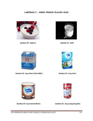 KTI PEMBUATAN KEJU 9D SMP. NEGERI 2 PASIRIAN 2014-2015 111
LAMPIRAN 3 : ANEKA PRODUK OLAHAN SUSU
Gambar 20 : Yoghurt Gambar 21 : Kefir
Gambar 22 : Susu Skim ( Skim Milk ) Gambar 23 : Susu Krim
Gambar 24 : Susu Kental Manis Gambar 25 : Susu yang diuapkan
 