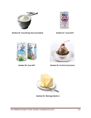 KTI PEMBUATAN KEJU 9D SMP. NEGERI 2 PASIRIAN 2014-2015 112
Gambar 26 : Susu Kering atau Susu Bubuk Gambar 27 : Susu Steril
Gambar 28 : Susu UHT Gambar 29 : Es Krim ( Ice Cream )
Gambar 30 : Mentega ( Butter )
 