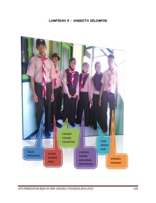 KTI PEMBUATAN KEJU 9D SMP. NEGERI 2 PASIRIAN 2014-2015 120
LAMPIRAN 5 : ANGGOTA KELOMPOK
AGUS
PRIYANTO
DAVID
SAHRUL
HADI
FANGKY
VEDHIA
VALENTHA
VINDIKA
WINDA
ANCARANI
PERIJINGGA
YUNI
INDAH
SARI
KHEMAS
PRISMAY
 