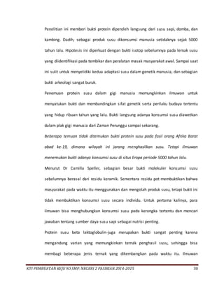 KTI PEMBUATAN KEJU 9D SMP. NEGERI 2 PASIRIAN 2014-2015 30
Penelitian ini memberi bukti protein diperoleh langsung dari susu sapi, domba, dan
kambing. Dadih, sebagai produk susu dikonsumsi manusia setidaknya sejak 5000
tahun lalu. Hipotesis ini diperkuat dengan bukti isotop sebelumnya pada lemak susu
yang diidentifikasi pada tembikar dan peralatan masak masyarakat awal. Sampai saat
ini sulit untuk menyelidiki kedua adaptasi susu dalam genetik manusia, dan sebagian
bukti arkeologi sangat buruk.
Penemuan protein susu dalam gigi manusia memungkinkan ilmuwan untuk
menyatukan bukti dan membandingkan sifat genetik serta perilaku budaya tertentu
yang hidup ribuan tahun yang lalu. Bukti langsung adanya konsumsi susu diawetkan
dalam plak gigi manusia dari Zaman Perunggu sampai sekarang.
Beberapa temuan tidak ditemukan bukti protein susu pada fosil orang Afrika Barat
abad ke-19, dimana wilayah ini jarang menghasilkan susu. Tetapi ilmuwan
menemukan bukti adanya konsumsi susu di situs Eropa periode 5000 tahun lalu.
Menurut Dr Camilla Speller, sebagian besar bukti molekuler konsumsi susu
sebelumnya berasal dari residu keramik. Sementara residu pot membuktikan bahwa
masyarakat pada waktu itu menggunakan dan mengolah produk susu, tetapi bukti ini
tidak membuktikan konsumsi susu secara individu. Untuk pertama kalinya, para
ilmuwan bisa menghubungkan konsumsi susu pada kerangka tertentu dan mencari
jawaban tentang sumber daya susu sapi sebagai nutrisi penting.
Protein susu beta laktoglobulin-juga merupakan bukti sangat penting karena
mengandung varian yang memungkinkan ternak penghasil susu, sehingga bisa
membagi beberapa jenis ternak yang dikembangkan pada waktu itu. Ilmuwan
 