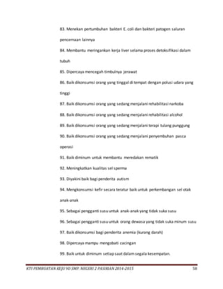 KTI PEMBUATAN KEJU 9D SMP. NEGERI 2 PASIRIAN 2014-2015 58
83. Menekan pertumbuhan bakteri E. coli dan bakteri patogen saluran
pencernaan lainnya
84. Membantu meringankan kerja liver selama proses detoksifikasi dalam
tubuh
85. Dipercaya mencegah timbulnya jerawat
86. Baik dikonsumsi orang yang tinggal di tempat dengan polusi udara yang
tinggi
87. Baik dikonsumsi orang yang sedang menjalani rehabilitasi narkoba
88. Baik dikonsumsi orang yang sedang menjalani rehabilitasi alcohol
89. Baik dikonsumsi orang yang sedang menjalani terapi tulang punggung
90. Baik dikonsumsi orang yang sedang menjalani penyembuhan pasca
operasi
91. Baik diminum untuk membantu meredakan rematik
92. Meningkatkan kualitas sel sperma
93. Diyakini baik bagi penderita autism
94. Mengkonsumsi kefir secara teratur baik untuk perkembangan sel otak
anak-anak
95. Sebagai pengganti susu untuk anak-anak yang tidak suka susu
96. Sebagai pengganti susu untuk orang dewasa yang tidak suka minum susu
97. Baik dikonsumsi bagi penderita anemia (kurang darah)
98. Dipercaya mampu mengobati cacingan
99. Baik untuk diminum setiap saat dalam segala kesempatan.
 