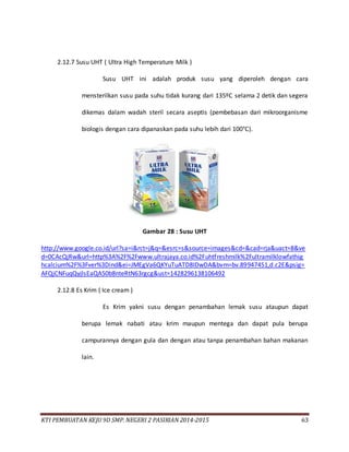 KTI PEMBUATAN KEJU 9D SMP. NEGERI 2 PASIRIAN 2014-2015 63
2.12.7 Susu UHT ( Ultra High Temperature Milk )
Susu UHT ini adalah produk susu yang diperoleh dengan cara
mensterilkan susu pada suhu tidak kurang dari 135ºC selama 2 detik dan segera
dikemas dalam wadah steril secara aseptis (pembebasan dari mikroorganisme
biologis dengan cara dipanaskan pada suhu lebih dari 100°C).
Gambar 28 : Susu UHT
http://www.google.co.id/url?sa=i&rct=j&q=&esrc=s&source=images&cd=&cad=rja&uact=8&ve
d=0CAcQjRw&url=http%3A%2F%2Fwww.ultrajaya.co.id%2Fuhtfreshmilk%2Fultramilklowfathig
hcalcium%2F%3Fver%3Dind&ei=JMEgVa6QKYuTuATD8IDwDA&bvm=bv.89947451,d.c2E&psig=
AFQjCNFuqQyjlsEaQA50b8nteRtN63rgcg&ust=1428296138106492
2.12.8 Es Krim ( Ice cream )
Es Krim yakni susu dengan penambahan lemak susu ataupun dapat
berupa lemak nabati atau krim maupun mentega dan dapat pula berupa
campurannya dengan gula dan dengan atau tanpa penambahan bahan makanan
lain.
 