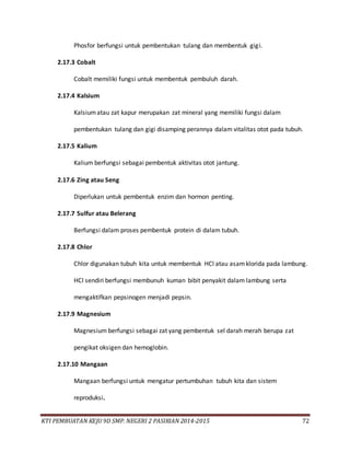KTI PEMBUATAN KEJU 9D SMP. NEGERI 2 PASIRIAN 2014-2015 72
Phosfor berfungsi untuk pembentukan tulang dan membentuk gigi.
2.17.3 Cobalt
Cobalt memiliki fungsi untuk membentuk pembuluh darah.
2.17.4 Kalsium
Kalsiumatau zat kapur merupakan zat mineral yang memiliki fungsi dalam
pembentukan tulang dan gigi disamping perannya dalam vitalitas otot pada tubuh.
2.17.5 Kalium
Kalium berfungsi sebagai pembentuk aktivitas otot jantung.
2.17.6 Zing atau Seng
Diperlukan untuk pembentuk enzim dan hormon penting.
2.17.7 Sulfur atau Belerang
Berfungsi dalam proses pembentuk protein di dalam tubuh.
2.17.8 Chlor
Chlor digunakan tubuh kita untuk membentuk HCl atau asamklorida pada lambung.
HCl sendiri berfungsi membunuh kuman bibit penyakit dalam lambung serta
mengaktifkan pepsinogen menjadi pepsin.
2.17.9 Magnesium
Magnesium berfungsi sebagai zat yang pembentuk sel darah merah berupa zat
pengikat oksigen dan hemoglobin.
2.17.10 Mangaan
Mangaan berfungsi untuk mengatur pertumbuhan tubuh kita dan sistem
reproduksi.
 