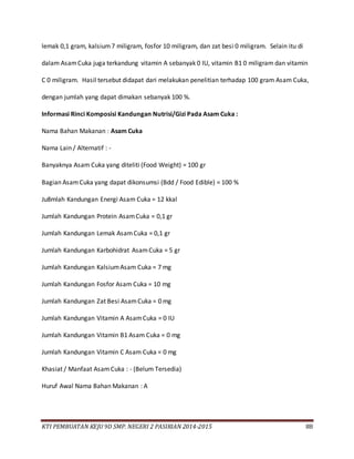 KTI PEMBUATAN KEJU 9D SMP. NEGERI 2 PASIRIAN 2014-2015 88
lemak 0,1 gram, kalsium7 miligram, fosfor 10 miligram, dan zat besi 0 miligram. Selain itu di
dalam AsamCuka juga terkandung vitamin A sebanyak 0 IU, vitamin B1 0 miligram dan vitamin
C 0 miligram. Hasil tersebut didapat dari melakukan penelitian terhadap 100 gram Asam Cuka,
dengan jumlah yang dapat dimakan sebanyak 100 %.
Informasi Rinci Komposisi Kandungan Nutrisi/Gizi Pada Asam Cuka :
Nama Bahan Makanan : Asam Cuka
Nama Lain / Alternatif : -
Banyaknya Asam Cuka yang diteliti (Food Weight) = 100 gr
Bagian AsamCuka yang dapat dikonsumsi (Bdd / Food Edible) = 100 %
Ju8mlah Kandungan Energi Asam Cuka = 12 kkal
Jumlah Kandungan Protein AsamCuka = 0,1 gr
Jumlah Kandungan Lemak AsamCuka = 0,1 gr
Jumlah Kandungan Karbohidrat AsamCuka = 5 gr
Jumlah Kandungan KalsiumAsam Cuka = 7 mg
Jumlah Kandungan Fosfor Asam Cuka = 10 mg
Jumlah Kandungan Zat Besi AsamCuka = 0 mg
Jumlah Kandungan Vitamin A AsamCuka = 0 IU
Jumlah Kandungan Vitamin B1 Asam Cuka = 0 mg
Jumlah Kandungan Vitamin C Asam Cuka = 0 mg
Khasiat / Manfaat AsamCuka : - (Belum Tersedia)
Huruf Awal Nama Bahan Makanan : A
 