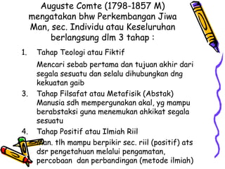 Auguste Comte (1798-1857 M)
     mengatakan bhw Perkembangan Jiwa
     Man, sec. Individu atau Keseluruhan
          berlangsung dlm 3 tahap :
1.    Tahap Teologi atau Fiktif
      Mencari sebab pertama dan tujuan akhir dari
      segala sesuatu dan selalu dihubungkan dng
      kekuatan gaib
3.    Tahap Filsafat atau Metafisik (Abstak)
      Manusia sdh mempergunakan akal, yg mampu
      berabstaksi guna menemukan ahkikat segala
      sesuatu
4.    Tahap Positif atau Ilmiah Riil
      Man. tlh mampu berpikir sec. riil (positif) ats
      dsr pengetahuan melalui pengamatan,
      percobaan dan perbandingan (metode ilmiah)
 