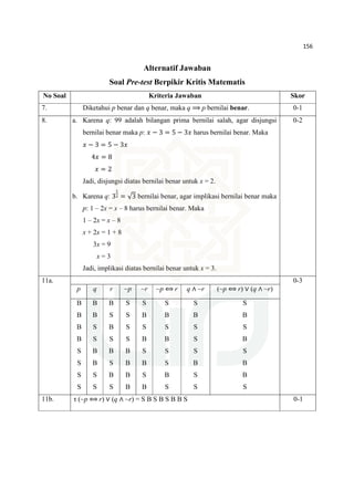 156
Alternatif Jawaban
Soal Pre-test Berpikir Kritis Matematis
No Soal Kriteria Jawaban Skor
7. Diketahui p benar dan q benar, maka q ⟹ p bernilai benar. 0-1
8. a. Karena q: 99 adalah bilangan prima bernilai salah, agar disjungsi
bernilai benar maka p: ‫ݔ‬ − 3 = 5 − 3‫ݔ‬ harus bernilai benar. Maka
‫ݔ‬ − 3 = 5 − 3‫ݔ‬
4‫ݔ‬ = 8
‫ݔ‬ = 2
Jadi, disjungsi diatas bernilai benar untuk x = 2.
b. Karena q: 3
భ
మ = √3 bernilai benar, agar implikasi bernilai benar maka
p: 1 – 2x = x – 8 harus bernilai benar. Maka
1 – 2x = x – 8
x + 2x = 1 + 8
3x = 9
x = 3
Jadi, implikasi diatas bernilai benar untuk x = 3.
0-2
11a. 0-3
p q r ~p ~r ~p ⟺ r q ∧ ~r (~p ⟺ r) ∨ (q ∧ ~r)
B
B
B
B
S
S
S
S
B
B
S
S
B
B
S
S
B
S
B
S
B
S
B
S
S
S
S
S
B
B
B
B
S
B
S
B
S
B
S
B
S
B
S
B
S
S
B
S
S
B
S
S
S
B
S
S
S
B
S
B
S
B
B
S
11b. τ (~p ⟺ r) ∨ (q ∧ ~r) = S B S B S B B S 0-1
 