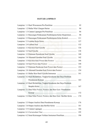 xiii
DAFTAR LAMPIRAN
Lampiran 1.1 Hasil Wawancara Pra Penelitian .................................................. 82
Lampiran 1.2 Daftar Nilai Ulangan Harian ....................................................... 84
Lampiran 1.3 Catatan Lapangan Pra Penelitian ................................................. 86
Lampiran 2.1 Rancangan Pelaksanaan Pembelajaran Kelas Eksperimen............ 88
Lampiran 2.2 Rancangan Pelaksanaan Pembelajaran Kelas Kontrol .................. 111
Lampiran 2.3 Lembar Kerja Siswa ...................................................................... 127
Lampiran 2.4 Latihan Soal ................................................................................ 132
Lampiran 3.1 Kisi-kisi Soal Ujicoba ................................................................. 136
Lampiran 3.2 Soal Ujicoba ............................................................................... 138
Lampiran 3.3 Pedoman Pensekoran Soal Ujicoba ............................................ 140
Lampiran 3.4 Alternatif Jawaban Soal Ujicoba ................................................ 142
Lampiran 3.5 Kisi-kisi Soal Pretest dan Posttest ............................................. 146
Lampiran 3.6 Soal Pretest dan Posttest ............................................................ 148
Lampiran 3.7 Pedoman Penskoran Soal Pretest dan Posttest ............................. 152
Lampiran 3.8 Alternatif Jawaban Soal Pretest dan Posttest ............................. 154
Lampiran 4.1 Daftar Skor Hasil Ujicoba Instrumen .......................................... 161
Lampiran 4.2 Hasil Reliabilitas, Tingkat Kesukaran dan Daya Pembeda
Pemahaman Konsep .................................................................... 163
Lampiran 4.3 Hasil Reliabilitas, Tingkat Kesukaran dan Daya Pembeda
Berpikir Kritis .............................................................................. 167
Lampiran 5.1 Data Nilai Pretest, Posttest, dan Skor Gain Pemahaman
Konsep ......................................................................................... 172
Lampiran 5.2 Data Nilai Pretest, Posttest, dan Skor Gain Berfikir Kritis ....... 174
Lampiran 5.3 Output Analisis Data Pemahaman Konsep .................................. 176
Lampiran 5.4 Output Analisis data Berfikir Kritis ............................................ 181
Lampiran 5.5 Catatan Lapangan ......................................................................... 186
Lampiran 6.1 Curruiculum Vitae......................................................................... 195
Lampiran 6.2 Surat Keterangan Validasi Instrumen Penelitian........................... 196
 
