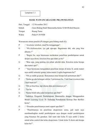 82
HASIL WAWANCARA GURU PRA PENELITIAN
Hari, Tanggal : 12 November 2012
Subjek : Guru Bidang Studi Matematika Kelas X MAWahid Hasyim
Tempat : Ruang Tamu
Waktu : Pukul 9.30 WIB
Wawancara antara peneliti (P) dengan guru bidang studi (G).
P : “Assalamu’alaikum, maaf bu mengganggu”.
G : “Wa’alaikumsalam, iya gak apa-apa. Bagaimana dek, ada yang bisa
dibantu ?”
P : “Begini bu, saya berencana melakukan penelitian pembelajaran untuk
skripsi saya disini, kira-kira bisa apa tidak ya bu?’
G : “Bisa saja, yang penting ijin pihak sekolah dulu. Kira-kira kelas berapa
dan materi apa?”.
P : ” Saya berencana mengadakan penelitian skripsi di kelas X, untuk materi
saya ambil semester genap, kalau materi Logika bagaimana bu?”
G : ”Oh ya sudah ga pa-pa. Rencananya mau berapa kali pertemuan dek?”.
P : “Kalau ga ada halangan sekitar 5 pertemuan bu, 3 kali buat treatment dan
2 kali buat test”
G : “Oh ya bisa-bisa, tapi diurus dulu perizinannya ya!”.
P : “Iya bu,
G : “Kalau boleh tahu judul skripsinya apa Dek?”
P :“Judulnya Pengaruh Pembelajaran Matematika dengan Menggunakan
Model Learning Cycle 7E Terhadap Pemahaman Konsep Dan Berfikir
Kritis”.
G : “ Prosedur penelitiannya nanti seperti apa Dek?”.
P : “Penelitiannya ini penelitian eksperimen semu, jadi nanti saya
membandingkan model pembelajaran saya dengan model pembelajaran
yang biasanya ibu gunakan. Jadi nanti dari kelas X saya ambil 2 kelas
untuk kelas control dan kelas eksperimen. Untuk kelas X disini ada berapa
kelas bu?”.
Lampiran 1.1
 