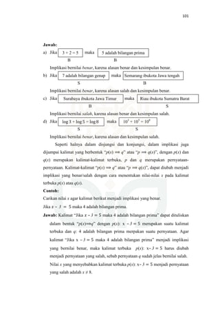 101
Jawab:
a) Jika maka
B B
Implikasi bernilai benar, karena alasan benar dan kesimpulan benar.
b) Jika maka
S B
Implikasi bernilai benar, karena alasan salah dan kesimpulan benar.
c) Jika maka
B S
Implikasi bernilai salah, karena alasan benar dan kesimpulan salah.
d) Jika maka
S S
Implikasi bernilai benar, karena alasan dan kesimpulan salah.
Seperti halnya dalam disjungsi dan konjungsi, dalam implikasi juga
dijumpai kalimat yang berbentuk “p(x) ⟹ q” atau “p ⟹ q(x)”, dengan p(x) dan
q(x) merupakan kalimat-kalimat terbuka, p dan q merupakan pernyataan-
pernyataan. Kalimat-kalimat “p(x) ⟹ q” atau “p ⟹ q(x)”, dapat diubah menjadi
implikasi yang benar/salah dengan cara menentukan nilai-nilai x pada kalimat
terbuka p(x) atau q(x).
Contoh:
Carikan nilai x agar kalimat berikut menjadi implikasi yang benar.
Jika ‫ݔ‬ – 3 = 5 maka 4 adalah bilangan prima.
Jawab: Kalimat “Jika ‫ݔ‬ – 3 = 5 maka 4 adalah bilangan prima” dapat dituliskan
dalam bentuk “p(x)⟹q” dengan p(x): x – 3 = 5 merupakan suatu kalimat
terbuka dan q: 4 adalah bilangan prima merpakan suatu pernyataan. Agar
kalimat “Jika x – 3 = 5 maka 4 adalah bilangan prima” menjadi implikasi
yang bernilai benar, maka kalimat terbuka p(x): x– 3 = 5 harus diubah
menjadi pernyataan yang salah, sebab pernyataan q sudah jelas bernilai salah.
Nilai x yang menyebabkan kalimat terbuka p(x): x– 3 = 5 menjadi pernyataan
yang salah adalah x ≠ 8.
5 adalah bilangan prima3 + 2 = 5
Semarang ibukota Jawa tengah7 adalah bilangan genap
Riau ibukota Sumatra BaratSurabaya ibukota Jawa Timur
103
+ 105
= 108
log 3 + log 5 = log 8
 