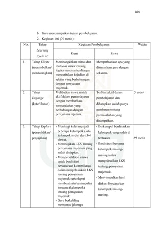 105
b. Guru menyampaikan tujuan pembelajaran.
2. Kegiatan inti (70 menit):
No. Tahap
Learning
Cycle 7E
Kegiatan Pembelajaran Waktu
Guru Siswa
1. Tahap Elicite
(menimbulkan/
mendatangkan)
Membangkitkan minat dan
motivasi siswa tentang
logika matematika dengan
menceritakan kejadian di
sekitar yang berhubungan
dengan pernyataan
majemuk.
Memperhatikan apa yang
dismpaikan guru dengan
seksama.
2. Tahap
Engange
(keterlibatan)
Melibatkan siswa untuk
aktif dalam pembelajaran
dengan memberikan
permasalahan yang
berhubungan dengan
pernyataan mjemuk.
Terlibat aktif dalam
pembelajaran dan
diharapkan sudah punya
gambaran tentang
permasalahan yang
disampaikan.
5 menit
3. Tahap Explore
(penyelidikan/
penjajakan)
- Membagi kelas menjadi
beberapa kelompok (satu
kelompok terdiri dari 3-4
siswa),
- Membagikan LKS tentang
pernyataan majemuk yang
sudah disiapkan.
- Mempersilahkan siswa
untuk berdiskusi
berdasarkan klompoknya
dalam menyelesaikan LKS
tentang pernyataan
majemuk serta dapat
membuat satu kesimpulan
bersama (kelompok)
tentang pernyataan
majemuk.
- Guru berkeliling
memantau jalannya
- Berkumpul berdasarkan
kelompok yang sudah di
tentukan.
- Berdiskusi bersama
kelompok masing-
masing untuk
menyelesaikan LKS
tentang pernyataan
majemuk.
- Menyimpulkan hasil
diskusi berdasarkan
kelompok masing-
masing.
25 menit
 