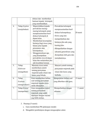 106
diskusi dan memberikan
bantuan kepada kelompok
yang membutuhkan.
4. Tahap Explain
(menjelaskan)
- Mepersilahkan kepada
perwakilan masing-
masing kelompok untuk
mempresentasikan hasil
diskusi kelompok di
depan kelas.
- Memberikan kesempatan
bertanya bagi siswa yang
belum jelas kepada
presentator atau
kelompoknya.
- Menggeneralisasi apa
yang disampaikan
perwakilan siwa di depan
kelas dan meluruskan jika
ada kesalahan konsep.
- Perwakilan kelompok
mempresentasikan hasil
diskusi kelompoknya.
- Siswa yang lain
memperhatikan dan
bertanya jika ada yang
kurang jelas.
- Memperhatikan dengan
seksama generalisasi yang
dismpaikan oleh guru dan
memahaminya.
20 menit
5. Tahap
Elaborate
(mengaitkan)
Meminta siswa untuk
memberikan contoh
tentang pernyataan
majemuk pada situasi dan
kasus yang brbeda.
Mencari contoh tentang
pernyataan majemuk pada
situasi dan kasus yang
berbeda.
6. Tahap
Evaluate
(mengevaluasi)
Guru memberikan latihan
soal tentang pernyataan
majemuk kepada siswa
untuk dikerjakan.
Mengerjakan latihan soal
yang diberikan oleh guru.
15 menit
7. Tahap Extend
(memperluas)
Guru menguatkan materi
tentang pernyataan
majemuk yang sudah
dipelajari dengan wacana
yag lebih meluas.
Memperhatikan dengan
seksama
5 menit
3. Penutup (5 menit):
c. Guru memberikan PR (pekerjaan rumah)
d. Mengakhiri pembelajran dengan mengucapkan salam
 