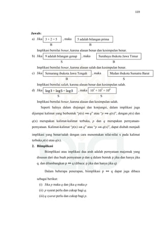 119
Jawab:
a) Jika , maka
B B
Implikasi bernilai benar, karena alasan benar dan kesimpulan benar.
b) Jika , maka
S B
Implikasi bernilai benar, karena alasan salah dan kesimpulan benar.
c) Jika , maka
B S
Implikasi bernilai salah, karena alasan benar dan kesimpulan salah.
d) Jika , maka
S S
Implikasi bernilai benar, karena alasan dan kesimpulan salah.
Seperti halnya dalam disjungsi dan konjungsi, dalam implikasi juga
dijumpai kalimat yang berbentuk “p(x) q” atau “p q(x)”, dengan p(x) dan
q(x) merupakan kalimat-kalimat terbuka, p dan q merupakan pernyataan-
pernyataan. Kalimat-kalimat “p(x) q” atau “p q(x)”, dapat diubah menjadi
implikasi yang benar/salah dengan cara menentukan nilai-nilai x pada kalimat
terbuka p(x) atau q(x).
2. Biimplikasi
Biimplikasi atau implikasi dua arah adalah pernyataan majemuk yang
disusun dari dua buah pernyataan p dan q dalam bentuk p jika dan hanya jika
q. dan dilambangkan p q (dibaca: p jika dan hanya jika q)
Dalam beberapa penerapan, biimplikasi p q dapat juga dibaca
sebagai berikut:
(i) Jika p maka q dan jika q maka p
(ii) p syarat perlu dan cukup bagi q.
(iii) q syarat perlu dan cukup bagi p.
3 + 2 = 5 5 adalah bilangan prima
Surabaya ibukota Jawa Timur9 adalah bilangan genap
Medan ibukota Sumatra Barat
103
+ 105
= 108
+ =
Semarang ibukota Jawa Tengah
 