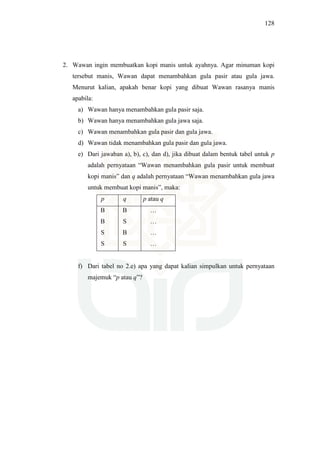 128
2. Wawan ingin membuatkan kopi manis untuk ayahnya. Agar minuman kopi
tersebut manis, Wawan dapat menambahkan gula pasir atau gula jawa.
Menurut kalian, apakah benar kopi yang dibuat Wawan rasanya manis
apabila:
a) Wawan hanya menambahkan gula pasir saja.
b) Wawan hanya menambahkan gula jawa saja.
c) Wawan menambahkan gula pasir dan gula jawa.
d) Wawan tidak menambahkan gula pasir dan gula jawa.
e) Dari jawaban a), b), c), dan d), jika dibuat dalam bentuk tabel untuk p
adalah pernyataan “Wawan menambahkan gula pasir untuk membuat
kopi manis” dan q adalah pernyataan “Wawan menambahkan gula jawa
untuk membuat kopi manis”, maka:
p q p atau q
B
B
S
S
B
S
B
S
…
…
…
…
f) Dari tabel no 2.e) apa yang dapat kalian simpulkan untuk pernyataan
majemuk “p atau q”?
 