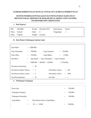 12
LEMBAR PERHITUNGAN MANUAL UNTUK UJI VALIDITAS PERHITUNGAN
SISTEM INFORMASI PENGGAJIAN DAN PENGUPAHAN KARYAWAN
MENGGUNAKAN ARSITEKTUR HIERARCHICAL-
A. Data Pegawai
MODEL-VIEW-CONTROL
FRAMEWORK PHP CODEIGNITER
B. Data Master Perhitungan Gaji dan Upah
C. Perhitungan Tunjangan
Premi obat = 250.000,-
Tunjangan Transport = 250.000,-
Tunjangan Perumahan = 300.000,-
Uang Makan = Total absensi kerja x Uang Makan
= 20 x 15.000 = 300.000,-
NIK : 08650001 Periode : Desember 2012 Status Kawin : Kawin
Nama : Suryadi Grade : 8 Tanggungan : 1
Status : Organik Pangkat : Foreman
Gaji Pokok = 2.000.000,-
Tunj. Perumahan = 300.000,- Uang Transport = 250.000,-
Premi Obat = 250.000,- Uang Makan = 15.000,-
Gaji Bruto = Gaji Pokok + Tunj. Perumahan + Uang Transport
= 2.000.000 + 300.000 + 250.000 = 2.550.000,-
Jml absensi Hari Kerja = 20
Jml absensi lembur ( Kerja ) = 1 Jml lembur ( kerja ) = 180
Jml absensi lembur ( Libur ) = 2 Jml lembur ( libur ) = 1080
Total Keterlambatan = 33 Jml Alpa = 1
 