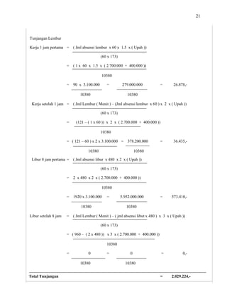 21
Tunjangan Lembur
Kerja 1 jam pertama = ( Jml absensi lembur x 60 x 1.5 x ( Upah ))
(60 x 173)
= ( 1 x 60 x 1.5 x ( 2.700.000 + 400.000 ))
10380
= 90 x 3.100.000 = 279.000.000 = 26.878,-
10380 10380
Kerja setelah 1 jam = ( Jml Lembur ( Menit ) – (Jml absensi lembur x 60 ) x 2 x ( Upah ))
(60 x 173)
= (121 – ( 1 x 60 )) x 2 x ( 2.700.000 + 400.000 ))
10380
= ( 121 – 60 ) x 2 x 3.100.000 = 378.200.000 = 36.435,-
10380 10380
Libur 8 jam pertama = ( Jml absensi libur x 480 x 2 x ( Upah ))
(60 x 173)
= 2 x 480 x 2 x ( 2.700.000 + 400.000 ))
10380
= 1920 x 3.100.000 = 5.952.000.000 = 573.410,-
10380 10380
Libur setelah 8 jam = ( Jml Lembur ( Menit ) – ( jml absensi libut x 480 ) x 3 x ( Upah ))
(60 x 173)
= ( 960 – ( 2 x 480 )) x 3 x ( 2.700.000 + 400.000 ))
10380
= 0 = 0 = 0,-
10380 10380
Total Tunjangan = 2.029.224,-
 
