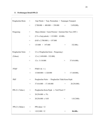 24
F. Perhitungan Detail PPh 21
Penghasilan Bruto = Gaji Pokok + Tunj. Perumahan + Tunjangan Transport
= 2.700.000 + 400.000 + 350.000 = 3.450.000,-
Pengurang = Biaya Jabatan + Iuran Pensiun + Jaminan Hari Tua ( JHT )
= (5 % x Gaji pokok) + 135.000+ 62.000,-
= (0.05 x 2.700.000 ) + 197.000
= 135.000 + 197.000 = 332.000,-
Penghasilan Netto = 12 x ( Penghasilan bruto – Pengurang )
(Tahun) = 12 x ( 3.450.000 – 332.000)
= 12 x 3.118.000 = 37.416.000,-
PTKP = PTKP ( K / 1 )
= 15.840.000 + 1.320.000 = 17.160.000,-
PKP = Penghasilan Netto – Penghasilan Tidak Kena Pajak
= 37.416.000 - 17.160.000 = 20.256.000,-
PPh 21 ( Tahun ) = Penghasilan Kena Pajak x Tarif Pasal 17
= 20.256.000 x
= 20.256.000 x 0.05 = 1.012.800,-
5%
PPh 21 ( Bulan ) = PPh tahun / 12
= 1.012.800 / 12 = 84.400,-
 
