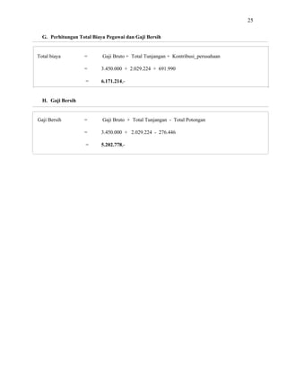 25
G. Perhitungan Total Biaya Pegawai dan Gaji Bersih
Total biaya = Gaji Bruto + Total Tunjangan + Kontribusi_perusahaan
= 3.450.000 + 2.029.224 + 691.990
= 6.171.214,-
H. Gaji Bersih
Gaji Bersih = Gaji Bruto + Total Tunjangan - Total Potongan
= 3.450.000 + 2.029.224 -
=
276.446
5.202.778,-
 