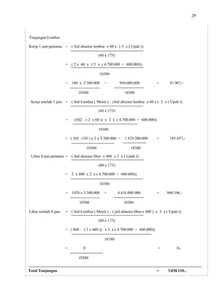 29
Tunjangan Lembur
Kerja 1 jam pertama = ( Jml absensi lembur x 60 x 1.5 x ( Upah ))
(60 x 173)
= ( 2 x 60 x 1.5 x ( 4.700.000 + 600.000))
10380
= 180 x 5.300.000 = 954.000.000 = 91.907,-
10380 10380
Kerja setelah 1 jam = ( Jml Lembur ( Menit ) – (Jml absensi lembur x 60 ) x 2 x ( Upah ))
(60 x 173)
= (302 – ( 2 x 60 )) x 2 x ( 4.700.000 + 600.000))
10380
= ( 302 –120 ) x 2 x 5.300.000 = 1.929.200.000 = 185.857,-
10380 10380
Libur 8 jam pertama = ( Jml absensi libur x 480 x 2 x ( Upah ))
(60 x 173)
= 2 x 480 x 2 x ( 4.700.000 + 600.000))
10380
= 1920 x 5.300.000 = 4.416.000.000 = 980.346,-
10380 10380
Libur setelah 8 jam = ( Jml Lembur ( Menit ) – ( jml absensi libut x 480 ) x 3 x ( Upah ))
(60 x 173)
= ( 960 – ( 2 x 480 )) x 3 x ( 4.700.000 + 600.000))
10380
= 0 = 0,-
10380
Total Tunjangan = 3.038.110,-
 
