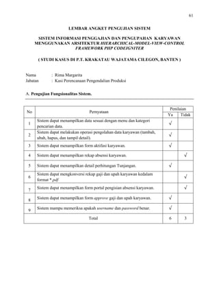 61
LEMBAR ANGKET PENGUJIAN SISTEM
SISTEM INFORMASI PENGGAJIAN DAN PENGUPAHAN KARYAWAN
MENGGUNAKAN ARSITEKTUR HIERARCHICAL-MODEL-VIEW-CONTROL
FRAMEWORK PHP CODEIGNITER
( STUDI KASUS DI P.T. KRAKATAU WAJATAMA CILEGON, BANTEN )
Nama : Rima Margarita
Jabatan : Kasi Perencanaan Pengendalian Produksi
A. Pengujian Fungsionalitas Sistem.
No Pernyataan
Penilaian
Ya Tidak
1
Sistem dapat menampilkan data sesuai dengan menu dan kategori
pencarian data.
√
2
Sistem dapat melakukan operasi pengolahan data karyawan (tambah,
ubah, hapus, dan tampil detail).
√
3 Sistem dapat menampilkan form aktifasi karyawan. √
4 Sistem dapat menampilkan rekap absensi karyawan. √
5 Sistem dapat menampilkan detail perhitungan Tunjangan. √
6
Sistem dapat mengkonversi rekap gaji dan upah karyawan kedalam
format *.pdf
√
7
Sistem dapat menampilkan form portal pengisian absensi karyawan. √
8
Sistem dapat menampilkan form approve gaji dan upah karyawan. √
9
Sistem mampu memeriksa apakah username dan password benar. √
Total 6 3
 
