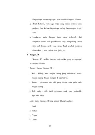 diagonalnya memotong tegak lurus sumbu diagonal lainnya.
g. Belah Ketupat, yaitu segi empat yang semua sisinya sama
panjang dan kedua diagonalnya saling berpotongan tegak
lurus.
h. Lingkaran,

yaitu

bangun

datar

yang

terbentuk

dari

himpunan semua titik persekitaran yang mengelilingi suatu
titik asal dengan jarak yang sama. Jarak tersebut biasanya
dinamakan r, atau radius, atau jari – jari.
2. Bangun 3D
Bangun 3D adalah bangun matematika yang mempunyai
isi ataupun volume.
Bagian – bagian bangun 3D :
1. Sisi : bidang pada bangun ruang yang membatasi antara
bangun ruang dengan ruangan di sekitarnya.
2. Rusuk : pertemuan dua sisi yang berupa ruas garis pada
bangun ruang.
3. Titik sudut : titik hasil pertemuan rusuk yang berjumlah
tiga atau lebih.
Jenis – jenis bangun 3D yang umum dikenal adalah :
1. Balok
2. Kubus
3. Prisma
4. Limas
15

 