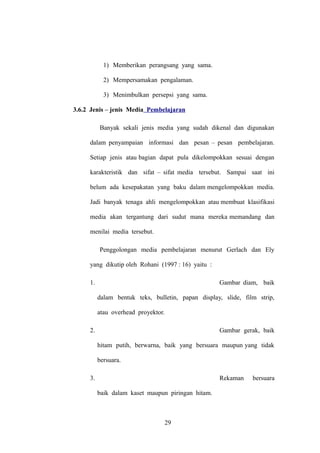 1) Memberikan perangsang yang sama.
2) Mempersamakan pengalaman.
3) Menimbulkan persepsi yang sama.
3.6.2 Jenis – jenis Media Pembelajaran
Banyak sekali jenis media yang sudah dikenal dan digunakan
dalam penyampaian informasi dan pesan – pesan pembelajaran.
Setiap jenis atau bagian dapat pula dikelompokkan sesuai dengan
karakteristik dan sifat – sifat media tersebut. Sampai saat ini
belum ada kesepakatan yang baku dalam mengelompokkan media.
Jadi banyak tenaga ahli mengelompokkan atau membuat klasifikasi
media akan tergantung dari sudut mana mereka memandang dan
menilai media tersebut.
Penggolongan media pembelajaran menurut Gerlach dan Ely
yang dikutip oleh Rohani (1997 : 16) yaitu :
1.

Gambar diam, baik
dalam bentuk teks, bulletin, papan display, slide, film strip,
atau overhead proyektor.

2.

Gambar gerak, baik
hitam putih, berwarna, baik yang bersuara maupun yang tidak
bersuara.

3.

Rekaman
baik dalam kaset maupun piringan hitam.

29

bersuara

 