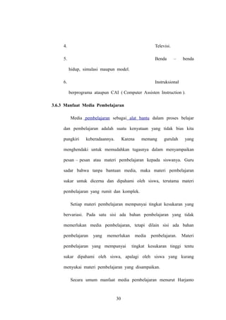 4.

Televisi.

5.

Benda

–

benda

hidup, simulasi maupun model.
6.

Instruksional
berprograma ataupun CAI ( Computer Assisten Instruction ).

3.6.3 Manfaat Media Pembelajaran
Media pembelajaran sebagai alat bantu dalam proses belajar
dan pembelajaran adalah suatu kenyataan yang tidak bias kita
pungkiri

keberadaannya.

Karena

memang

gurulah

yang

menghendaki untuk memudahkan tugasnya dalam menyampaikan
pesan – pesan atau materi pembelajaran kepada siswanya. Guru
sadar bahwa tanpa bantuan media, maka materi pembelajaran
sukar untuk dicerna dan dipahami oleh siswa, terutama materi
pembelajaran yang rumit dan komplek.
Setiap materi pembelajaran mempunyai tingkat kesukaran yang
bervariasi. Pada satu sisi ada bahan pembelajaran yang tidak
memerlukan media pembelajaran, tetapi dilain sisi ada bahan
pembelajaran

yang

memerlukan

pembelajaran yang mempunyai

media

pembelajaran.

Materi

tingkat kesukaran tinggi tentu

sukar dipahami oleh siswa, apalagi oleh siswa yang kurang
menyukai materi pembelajaran yang disampaikan.
Secara umum manfaat media pembelajaran menurut Harjanto

30

 