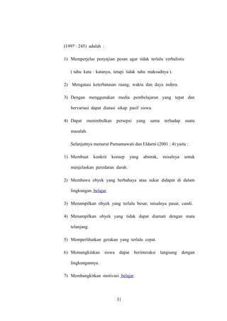 (1997 : 245) adalah :
1) Memperjelas penyajian pesan agar tidak terlalu verbalistis
( tahu kata – katanya, tetapi tidak tahu maksudnya ).
2) Mengatasi keterbatasan ruang, waktu dan daya indera.
3) Dengan menggunakan media pembelajaran yang tepat dan
bervariasi dapat diatasi sikap pasif siswa.
4) Dapat

menimbulkan

persepsi

yang

sama

terhadap

suatu

masalah.
Selanjutnya menurut Purnamawati dan Eldarni (2001 : 4) yaitu :
1) Membuat

konkrit

konsep

yang

abstrak,

misalnya

untuk

menjelaskan peredaran darah.
2) Membawa obyek yang berbahaya atau sukar didapat di dalam
lingkungan belajar.
3) Menampilkan obyek yang terlalu besar, misalnya pasar, candi.
4) Menampilkan obyek yang tidak dapat diamati dengan mata
telanjang.
5) Memperlihatkan gerakan yang terlalu cepat.
6) Memungkinkan

siswa

dapat

berinteraksi

lingkungannya.
7) Membangkitkan motivasi belajar.

31

langsung

dengan

 
