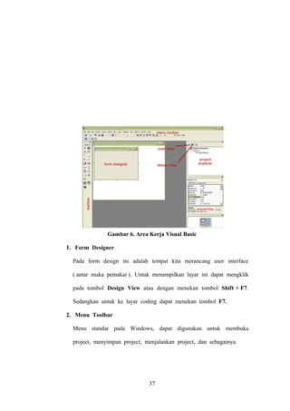 Gambar 6. Area Kerja Visual Basic
1. Form Designer
Pada form design ini adalah tempat kita merancang user interface
( antar muka pemakai ). Untuk menampilkan layar ini dapat mengklik
pada tombol Design View atau dengan menekan tombol Shift + F7.
Sedangkan untuk ke layar coding dapat menekan tombol F7.
2. Menu Toolbar
Menu standar pada Windows, dapat digunakan untuk membuka
project, menyimpan project, menjalankan project, dan sebagainya.

37

 
