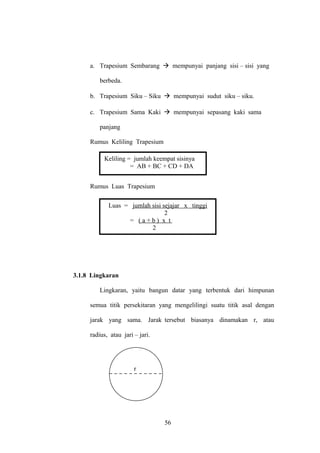 a. Trapesium Sembarang  mempunyai panjang sisi – sisi yang
berbeda.
b. Trapesium Siku – Siku  mempunyai sudut siku – siku.
c. Trapesium Sama Kaki  mempunyai sepasang kaki sama
panjang
Rumus Keliling Trapesium
Keliling = jumlah keempat sisinya
= AB + BC + CD + DA
Rumus Luas Trapesium
Luas = jumlah sisi sejajar x tinggi
2
= (a+b) x t
2

3.1.8 Lingkaran
Lingkaran, yaitu bangun datar yang terbentuk dari himpunan
semua titik persekitaran yang mengelilingi suatu titik asal dengan
jarak yang sama. Jarak tersebut biasanya dinamakan r, atau
radius, atau jari – jari.

r
b

56

 