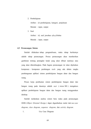2. Pembelajaran
Atribut : id pembelajaran, kategori, penjelasan
Metode : input, output
3. Soal
Atribut : id, soal jawaban a,b,c,d bebas
Metode : input, output

4.5 Perancangan Sistem
Setelah
adalah

dilakukan tahap

tahap

perancangan.

penganalisaan,
Proses

maka

perancangan

tahap
akan

berikutnya
memberikan

gambaran tentang perangkat lunak yang akan dibuat nantinya atau
yang akan dikembangkan. Pada bagian perancangan ini akan dijelaskan
komponen – komponen pembangun tools yang ada dalam rangka
pembangunan aplikasi sistem pembelajaran bangun datar dan bangun
ruang.
Proses kerja pembuatan sistem pembelajaran bangun datar dan
bangun ruang pada dasarnya adalah user ( siswa SD ) mengakses
aplikasi pembelajaran bangun datar dan bangun ruang menggunakan
desktop.
Setelah melakukan analisa sistem baru maka pada perancangan
OOD ( Object Oriented Design ) dapat digambarkan mulai dari use case
diagram, class diagram, sequence diagram, dan activity diagram.
1.

Use Case Diagram

69

 