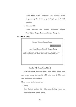 Berisi Video praktik bagaimana cara membuat sebuah
bangun ruang dari kertas, yang berfungsi agar anak lebih
interaktif.
5. Submenu Help
Berisi

Informasi

atau

petunjuk

pengunaan

program

Pembelajaran Bangun Datar dan Bangun Ruang ini.
4.6.3 Form Materi

Bangun Datar & Bangun Ruang
Back to Home

Menu Materi Bangun Datar & Bangun Ruang
Persegi : Persegi Panjang : Segitiga : Lingkaran : Trapesium : Jajar Genjang : Belah
Ketupat : Layang-layang : Limas : Kubus : Balok : Tabung : Prisma : Kerucut : Bola

Gambar 3.2. Form Menu Materi
Pada form materi berisikan menu – menu materi bangun datar
dan bangun ruang, dan apabila salah satu menu di klik maka
akan menuju ke materi terpilih.
Menu – menu tersebut antara lain :
1. Persegi
Berisi Ilustrasi gambar, sifat – sifat, rumus keliling, rumus luas
serta contoh soal bangun Persegi.

76

 
