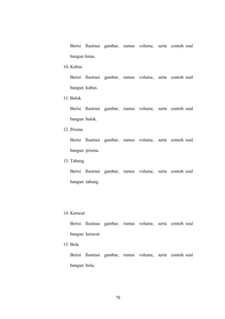 Berisi Ilustrasi gambar, rumus volume, serta contoh soal
bangun limas.
10. Kubus
Berisi Ilustrasi gambar, rumus volume, serta contoh soal
bangun kubus.
11. Balok
Berisi Ilustrasi gambar, rumus volume, serta contoh soal
bangun balok.
12. Prisma
Berisi Ilustrasi gambar, rumus volume, serta contoh soal
bangun prisma.
13. Tabung
Berisi Ilustrasi gambar, rumus volume, serta contoh soal
bangun tabung.

14. Kerucut
Berisi Ilustrasi gambar, rumus volume, serta contoh soal
bangun kerucut.
15. Bola
Berisi Ilustrasi gambar, rumus volume, serta contoh soal
bangun bola.

78

 