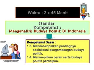 Waktu : 2 x 45 Menit
Standar
Kompetensi :

Menganalisis Budaya Politik Di Indonesia
Kompetensi Dasar :
1.3. Mendeskripsikan pentingnya
sosialisasi pengembangan budaya
politik.
1.4. Menampilkan peran serta budaya
politik partisipan.

 