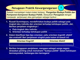 1. Rusadi Sumintapura, mendefiniskan budaya politik sebagai pola
tingkah laku individu dan orientasi terhadap kehidupan politik...dst.
Berikan penjelasn singkatnya !
Orientasi Kognitif Orientasi Afektif
……………………………………… ………………………………………
Setelah mempelajari materi-materi tentang : Pengertian Budaya Politik dan
Komponen-komponen Budaya Politik, dilanjutkan Penugasan dengan
menjawab pertanyaan atau pernyataan sebagai berikut :
Penugasan Praktik Kewarganegaraan 1
a. Pola tingkah laku individu : ...........................................................
b. Orientasi terhadap kehidupan politik : .........................................
2. Dalam klasifikasi tipe-tipe orientasi, yaitu orientasi kognitif, efektif
dan evaluatif. Beri penjelasan singkat pada kolom di bawah ini!
3. Berikan tanggapan penjelasan, mengapa sebagai warga negara
dirasakan penting untuk memahami “budaya politik” dalam kehidupan
bermasyarakat, berbangsa dan bernegara!
 