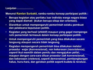 Lanjutan ……………….
Menurut Ramlan Surbakti, rambu-rambu konsep partisipasi politik :
• Berupa kegiatan atau perilaku luar individu warga negara biasa
yang dapat diamati (bukan berupa sikap dan orientasi).
• Diarahkan untuk mempengaruhi pemerintah selaku pembuat
dan pelaksana keputusan politik.
• Kegiatan yang berhasil (efektif) maupun yang gagal mempenga-
ruhi pemerintah termasuk dalam konsep partisipasi politik.
• Untuk mempengaruhi pemerintah yang bisa dilakukan secara
langsung ataupun secara tidak langsung.
• Kegiatan mempengaruh pemerintah bisa dilakukan melalui
prosedur wajar (konvensional), non kekerasan (nonviolence),
seperti ikut memilih dalam pemilu dan mengajukan petisi,
maupun dengan cara-cara diluar prosedur (tak konvensional),
dan kekerasan (violence), seperti demonstrasi, pembangkangan
halus, huru-hara, dan gerakan politik seperti kudeta & revolusi.
 