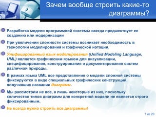 Зачем вообще строить какие-то диаграммы ? Разработка модели программной системы всегда предшествует ее   созданию или модернизации При увеличении сложности системы возникает необходимость в   технологии моделирования и графической нотации. Унифицированный язык моделирования  (Unified Modeling Language,   UML)  является графическим языком для визуализации,   специфицирования, конструирования и документирования систем   различной природы.  В рамках языка UML все представления о модели сложной системы   фиксируются в виде специальных графических конструкций,   получивших название  диаграмм .  Мы рассмотрим не все, а лишь некоторые из них, поскольку   количество типов диаграмм для конкретной модели не является строго   фиксированным.  Не всегда нужно строить все диаграммы! 