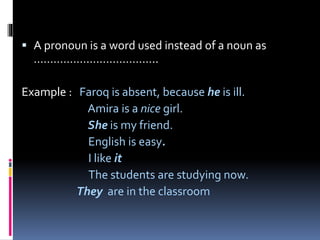  A pronoun is a word used instead of a noun as
………………………………..
Example : Faroq is absent, because he is ill.
Amira is a nice girl.
She is my friend.
English is easy.
I like it
The students are studying now.
They are in the classroom
 