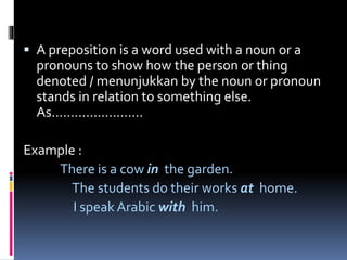  A preposition is a word used with a noun or a
pronouns to show how the person or thing
denoted / menunjukkan by the noun or pronoun
stands in relation to something else.
As……………………
Example :
There is a cow in the garden.
The students do their works at home.
I speak Arabic with him.
 