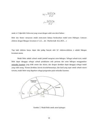 2 2 4 
 
k e m 
 
15 
k e m 
2 2 
2 
. 
. 
h f 
h n 
 
2 2 4 
3 2 
2 
. 
f 
h n 
 
untuk n=2 diperoleh frekwensi yang sesuai dengan salah satu deret balmer. 
Bohr dan Stoner menyusun model atom-atom lainnya berdasarkan model atom Hidrogen. Lintasan 
elektron dengan bilangan kwantum n=1,2,3,…dst. Disebut kulit (K,L,M,N,…) 
Tiap kulit elektron hanya dapat diisi paling banyak oleh 2n2 elektron-elektron, n adalah bilangan 
kwantum utama. 
Model Bohr adalah sebuah model primitif mengenai atom hidrogen. Sebagai sebuah teori, model 
Bohr dapat dianggap sebagai sebuah pendekatan orde pertama dari atom hidrogen menggunakan 
mekanika kuantum yang lebih umum dan akurat, dan dengan demikian dapat dianggap sebagai model 
yang telah usang. Namun demikian, karena kesederhanaannya, dan hasil yang tepat untuk sebuah sistem 
tertentu, model Bohr tetap diajarkan sebagai pengenalan pada mekanika kuantum. 
Keterangan 
Gambar 2. Model Bohr untuk atom hydrogen 
 