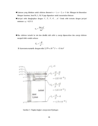  Lintasan yang diizinkan untuk elektron dinomori n = 1, n = 2, n =3 dst. Bilangan ini dinamakan 
bilangan kuantum, huruf K, L, M, N juga digunakan untuk menamakan lintasan 
 Jari-jari orbit diungkapkan dengan 12, 22, 32, 42, …n2. Untuk orbit tertentu dengan jari-jari 
minimum a0 = 0,53 Å 
B : konstanta numerik dengan nilai 2,179 x 10 J 13.6eV -18   
16 
2 
2 
0 
0 
4 
me 
a 
  
 
 Jika elektron tertarik ke inti dan dimiliki oleh orbit n, energi dipancarkan dan energi elektron 
menjadi lebih rendah sebesar 
B 
 
, 2 n 
En 
 
Gambar 3. Tingkat-tingkat energi atom Hydrogen 
 