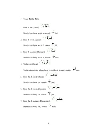4
 Tanda Tanda Baris
1. Baris di atas (Fathah)
Memberikan bunyi vokal 'a', contoh: (ba)
2. Baris di bawah (Kasrah)
Memberikan bunyi vocal 'i', contoh: (bi)
3. Baris di hadapan (Dhammah)
Memberikan bunyi vokal 'u', contoh: (bu)
4. Tanda mati (Sukun)
Tanda sukun di atas sebuah huruf berarti huruf itu mati, contoh: (ab)
5. Baris dua di atas (Fathatain)
Memberikan bunyi 'an', contoh: (ban).
6. Baris dua di bawah (Kasratain)
Memberikan bunyi 'in', contoh: (bin).
7. Baris dua di hadapan (Dhammatain)
Memberikan bunyi 'un', contoh: (bun).
 