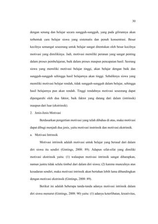 30


dengan senang dan belajar secara sungguh-sungguh, yang pada gilirannya akan

terbentuk cara belajar siswa yang sistematis dan penuh konsentrasi. Besar

kecilnya semangat seseorang untuk belajar sangat ditentukan oleh besar kecilnya

motivasi yang dimilikinya. Jadi, motivasi memiliki peranan yang sangat penting

dalam proses pembelajaran, baik dalam proses maupun pencapaian hasil. Seorang

siswa yang memiliki motivasi belajar tinggi, akan belajar dengan baik dan

sungguh-sungguh sehingga hasil belajarnya akan tinggi. Sebaliknya siswa yang

memiliki motivasi belajar rendah, tidak sungguh-sungguh dalam belajar, sehingga

hasil belajarnya pun akan rendah. Tinggi rendahnya motivasi seseorang dapat

dipengaruhi oleh dua faktor, baik faktor yang datang dari dalam (intrinsik)

maupun dari luar (ekstrinsik).

2. Jenis-Jenis Motivasi

       Berdasarkan pengertian motivasi yang telah dibahas di atas, maka motivasi

dapat dibagi menjadi dua jenis, yaitu motivasi instrinsik dan motivasi ekstrinsik.

a. Motivasi Intrinsik

       Motivasi intrinsik adalah motivasi untuk belajar yang berasal dari dalam

diri siswa itu sendiri (Gintings, 2008: 89). Adapun sifat-sifat yang dimiliki

motivasi ekstrinsik yaitu: (1) walaupun motivasi intrinsik sangat diharapkan,

namun justru tidak selalu timbul dari dalam diri siswa; (2) karena munculnya atas

kesadaran sendiri, maka motivasi intrinsik akan bertahan lebih lama dibandingkan

dengan motivasi ekstrinsik (Gintings, 2008: 89).

       Berikut ini adalah beberapa tanda-tanda adanya motivasi intrinsik dalam

diri siswa menurut (Gintings, 2008: 90) yaitu: (1) adanya keterlibatan, kreativitas,
 