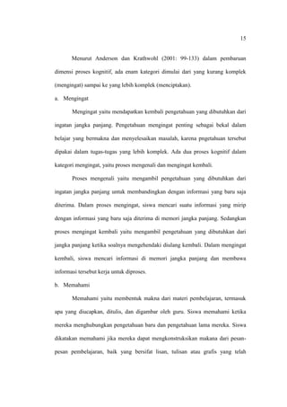 15


       Menurut Anderson dan Krathwohl (2001: 99-133) dalam pembaruan

dimensi proses kognitif, ada enam kategori dimulai dari yang kurang komplek

(mengingat) sampai ke yang lebih komplek (menciptakan).

a. Mengingat

       Mengingat yaitu mendapatkan kembali pengetahuan yang dibutuhkan dari

ingatan jangka panjang. Pengetahuan mengingat penting sebagai bekal dalam

belajar yang bermakna dan menyelesaikan masalah, karena pngetahuan tersebut

dipakai dalam tugas-tugas yang lebih komplek. Ada dua proses kognitif dalam

kategori mengingat, yaitu proses mengenali dan mengingat kembali.

       Proses mengenali yaitu mengambil pengetahuan yang dibutuhkan dari

ingatan jangka panjang untuk membandingkan dengan informasi yang baru saja

diterima. Dalam proses mengingat, siswa mencari suatu informasi yang mirip

dengan informasi yang baru saja diterima di memori jangka panjang. Sedangkan

proses mengingat kembali yaitu mengambil pengetahuan yang dibutuhkan dari

jangka panjang ketika soalnya mengehendaki diulang kembali. Dalam mengingat

kembali, siswa mencari informasi di memori jangka panjang dan membawa

informasi tersebut kerja untuk diproses.

b. Memahami

       Memahami yaitu membentuk makna dari materi pembelajaran, termasuk

apa yang diucapkan, ditulis, dan digambar oleh guru. Siswa memahami ketika

mereka menghubungkan pengetahuan baru dan pengetahuan lama mereka. Siswa

dikatakan memahami jika mereka dapat mengkonstruksikan makana dari pesan-

pesan pembelajaran, baik yang bersifat lisan, tulisan atau grafis yang telah
 
