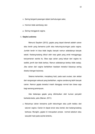 10
n. Sering berganti pasangan dalam berhubungan seks;
o. Hormon tidak seimbang; dan
p. Sering menggaruk vagina.
5. Gejala Leukorea
Menurut Saydam (2012), gejala yang dapat diamati adalah cairan
atau lendir yang berwarna putih atau kekuning-kuningan pada vagina.
Jumlah lendir ini bisa tidak begitu banyak namun adakalanya banyak
sekali. Kadang-kadang diikuti oleh rasa gatal yang amat mengganggu
kenyamanan wanita itu. Bisa saja cairan yang keluar dari vagina itu
sedikit, jernih dan tidak berbau. Namun adakalanya berbau tidak sedap.
Jika cairan dari vagina berlebihan keadaan tersebut biasanya sering
disebut dengan leukorea.
Selama kehamilan, menjelang haid, pada saat ovulasi, dan akibat
dari rangsangan seksual yang berlebihan, vagina cenderung lebih banyak
cairan. Namun gejala tersebut masih dianggap normal dan biasa saja
bagi seorang perempuan.
Ada beberapa gejala yang ditimbulkan oleh kuman penyakit
berbeda-beda, yaitu (Manan, 2011):
a. Keluarnya cairan berwarna putih kekuningan atau putih kelabu dari
saluran vagina. Cairan ini dapat encer atau kental, dan kadang-kadang
berbusa. Mungkin, gejala ini merupakan proses normal sebelum atau
sesudah haid pada wanita tertentu.
 