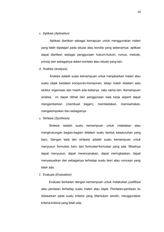 20
c. Aplikasi (Aplication)
Aplikasi diartikan sebagai kemapuan untuk menggunakan materi
yang telah dipelajari pada situasi atau kondisi yang sebenarnya. aplikasi
dapat diartikan sebagai penggunaan hukum-hukum, rumus, metode,
prinsip dan sebagainya dalam konteks atau situasi yang lain.
d. Analisis (analysis)
Analisis adalah suatu kemampuan untuk menjabarkan materi atau
suatu objek kedalam komponen-komponen, tetapi masih didalam satu
stuktur organisasi dan masih ada kaitanya satu sama lain. Kemampuan
analisis ini dapat dilihat dari penggunaan kata kerja seperti dapat
mengambarkan (membuat bagan), membedakan, memisahakan,
mengelompokan dan sebagianya.
e. Sintesis (Synthesis)
Sintesis adalah suatu kemampuan untuk meletakan atau
menghubungan bagian-bagian didalam suatu bentuk keseluruhan yang
baru. Dengan kata lain sintesisi adalah suatu kemampuan untuk
menyusun formulasi baru dari formulasi-formulasi yang ada. Misalnya
dapat menyusun, dapat merencanakan, dapat meringkaskan, dapat
menyesuaikan dan sebagainya terhadap suatu teori atau rumusan yang
telah ada.
f. Evaluasi (Evaluation)
Evaluasi berkaitan dengan kemampuan untuk melakukan justifikasi
atau penilaian terhadap suatu materi atau objek. Penilaian-penilaian itu
didasarkan pada suatu kriteria yang ditentukan sendiri, menggunakan
kriteria-kriteria yang telah ada.
 