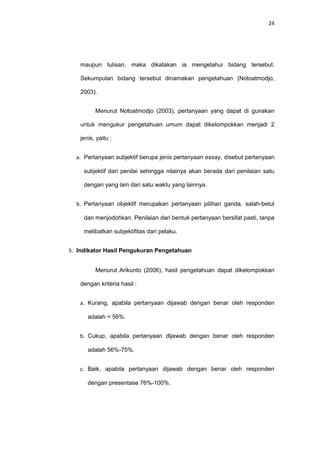 24
maupun tulisan, maka dikatakan ia mengetahui bidang tersebut.
Sekumpulan bidang tersebut dinamakan pengetahuan (Notoatmodjo,
2003).
Menurut Notoatmodjo (2003), pertanyaan yang dapat di gunakan
untuk mengukur pengetahuan umum dapat dikelompokkan menjadi 2
jenis, yaitu :
a. Pertanyaan subjektif berupa jenis pertanyaan essay, disebut pertanyaan
subjektif dari penilai sehingga nilainya akan berada dari penilaian satu
dengan yang lain dari satu waktu yang lainnya.
b. Pertanyaan objektif merupakan pertanyaan pilihan ganda, salah-betul
dan menjodohkan. Penilaian dari bentuk pertanyaan bersifat pasti, tanpa
melibatkan subjektifitas dari pelaku.
5. Indikator Hasil Pengukuran Pengetahuan
Menurut Arikunto (2006), hasil pengetahuan dapat dikelompokkan
dengan kriteria hasil :
a. Kurang, apabila pertanyaan dijawab dengan benar oleh responden
adalah < 56%.
b. Cukup, apabila pertanyaan dijawab dengan benar oleh responden
adalah 56%-75%.
c. Baik, apabila pertanyaan dijawab dengan benar oleh responden
dengan presentase 76%-100%.
 